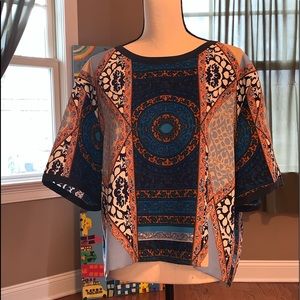 Club Monaco L navy/orange/white loose blouse.